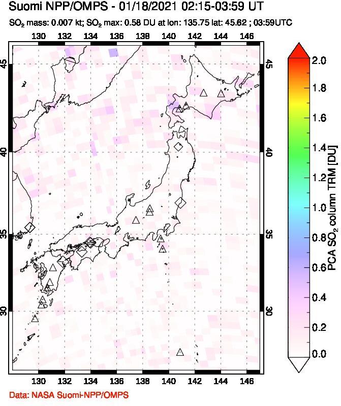 A sulfur dioxide image over Japan on Jan 18, 2021.