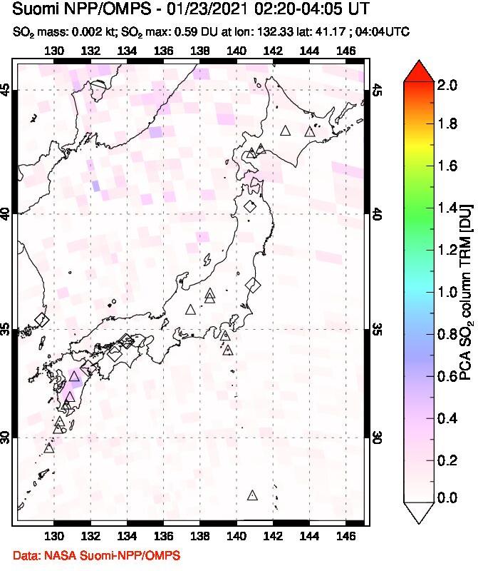 A sulfur dioxide image over Japan on Jan 23, 2021.