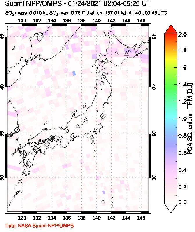 A sulfur dioxide image over Japan on Jan 24, 2021.