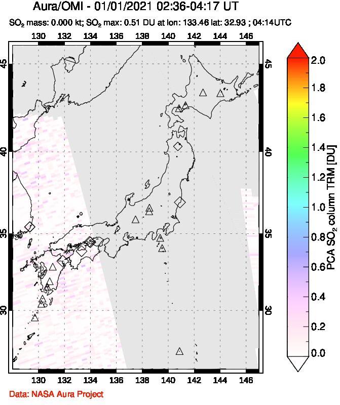 A sulfur dioxide image over Japan on Jan 01, 2021.