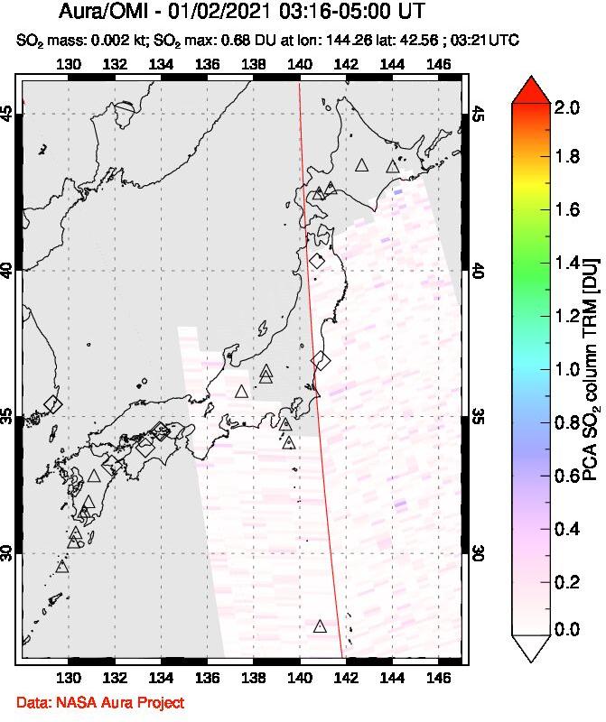 A sulfur dioxide image over Japan on Jan 02, 2021.