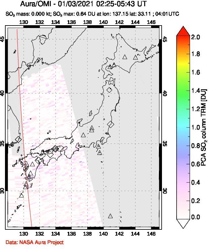 A sulfur dioxide image over Japan on Jan 03, 2021.