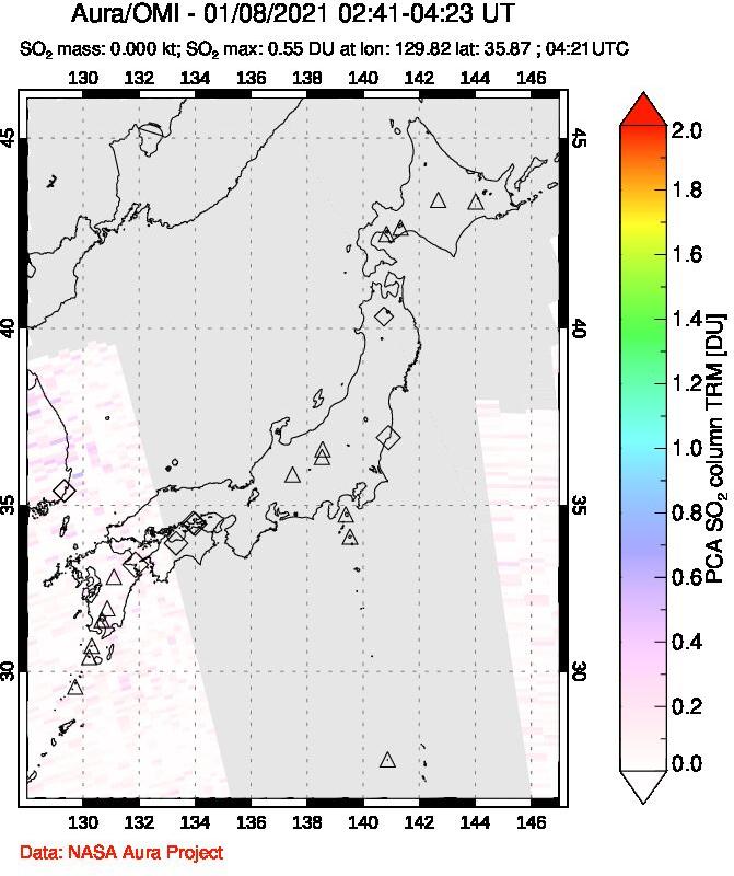 A sulfur dioxide image over Japan on Jan 08, 2021.