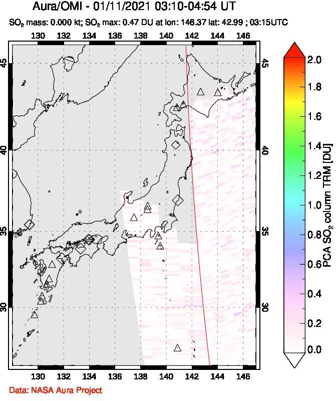 A sulfur dioxide image over Japan on Jan 11, 2021.