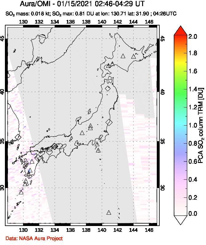 A sulfur dioxide image over Japan on Jan 15, 2021.