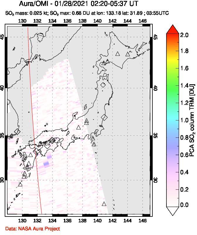 A sulfur dioxide image over Japan on Jan 28, 2021.