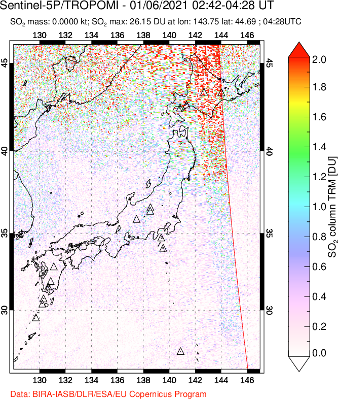 A sulfur dioxide image over Japan on Jan 06, 2021.