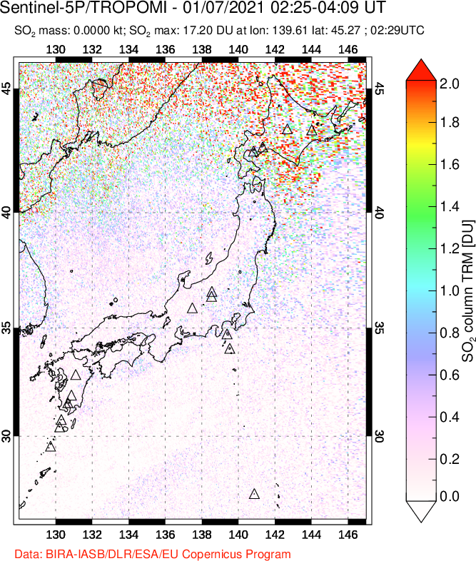 A sulfur dioxide image over Japan on Jan 07, 2021.