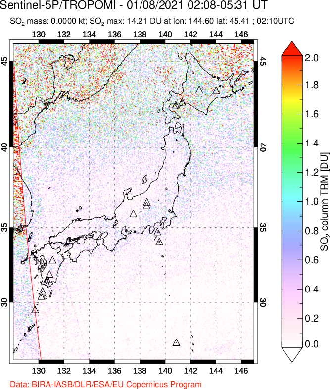 A sulfur dioxide image over Japan on Jan 08, 2021.
