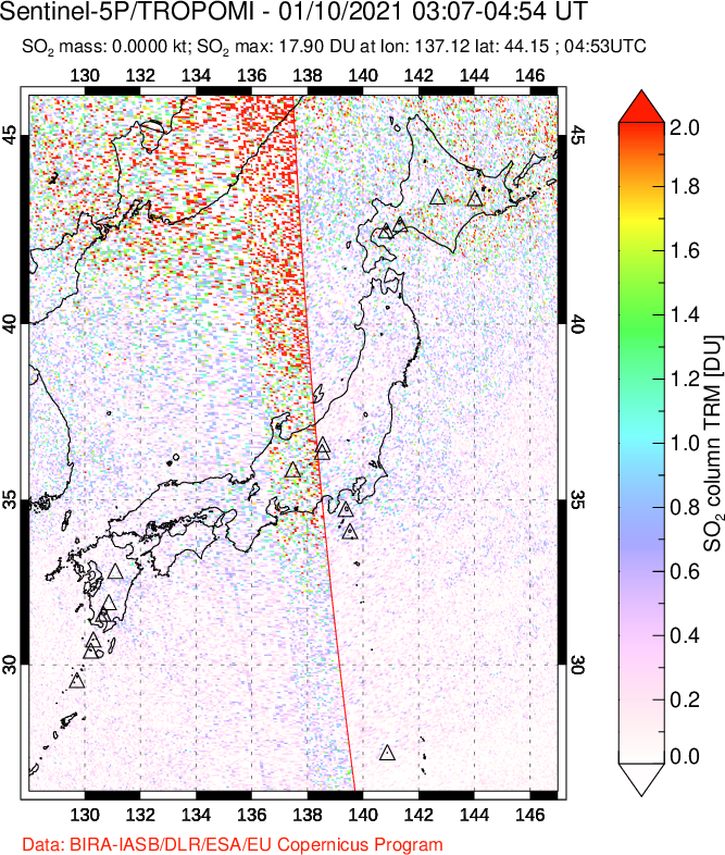 A sulfur dioxide image over Japan on Jan 10, 2021.
