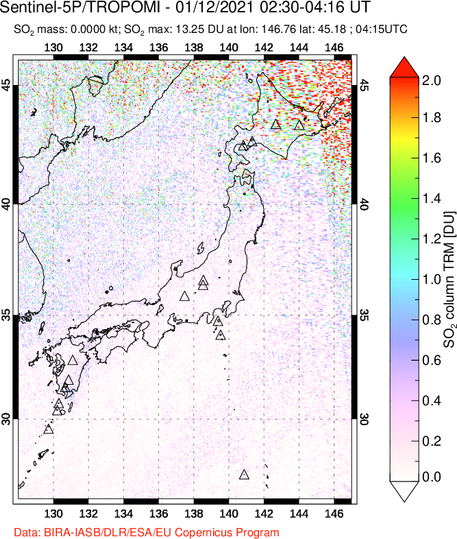 A sulfur dioxide image over Japan on Jan 12, 2021.