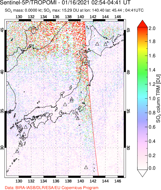 A sulfur dioxide image over Japan on Jan 16, 2021.