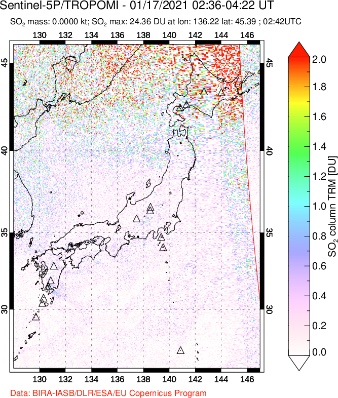 A sulfur dioxide image over Japan on Jan 17, 2021.