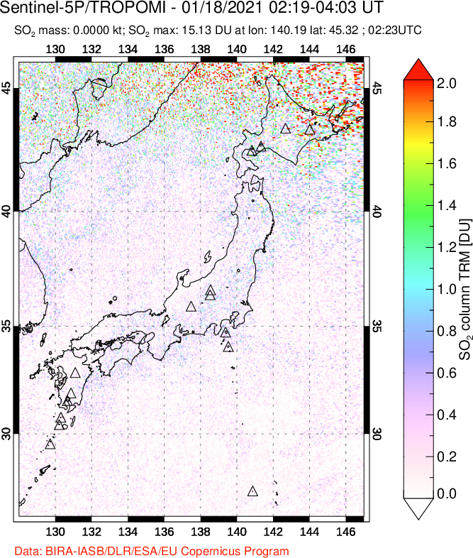 A sulfur dioxide image over Japan on Jan 18, 2021.