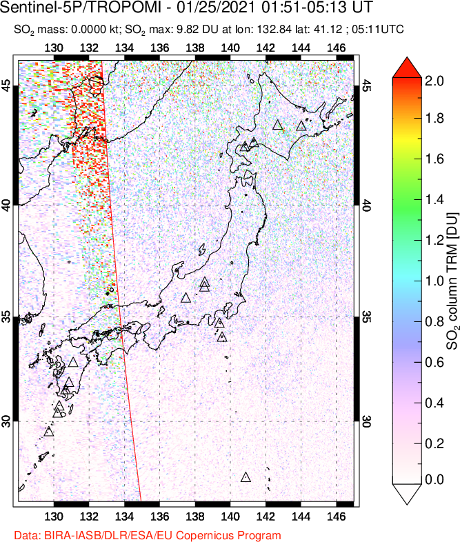 A sulfur dioxide image over Japan on Jan 25, 2021.