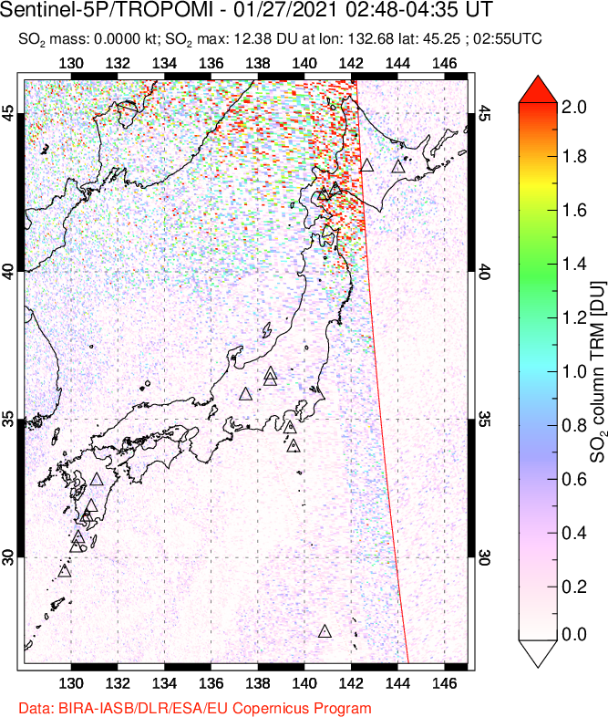 A sulfur dioxide image over Japan on Jan 27, 2021.