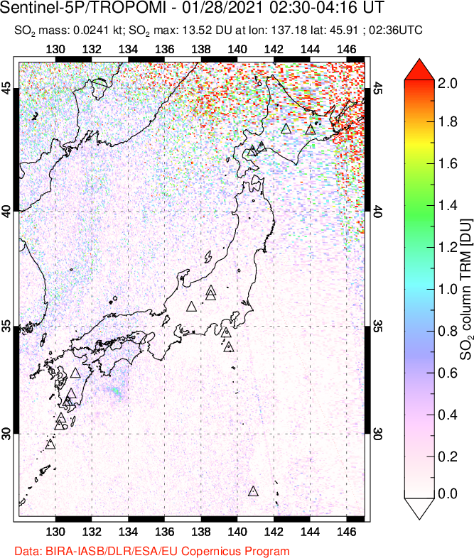 A sulfur dioxide image over Japan on Jan 28, 2021.