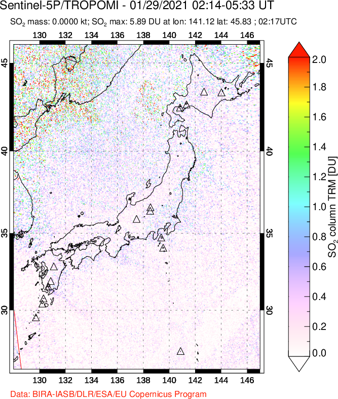 A sulfur dioxide image over Japan on Jan 29, 2021.