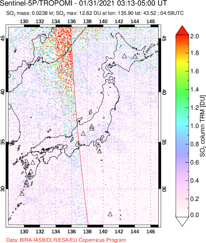 A sulfur dioxide image over Japan on Jan 31, 2021.