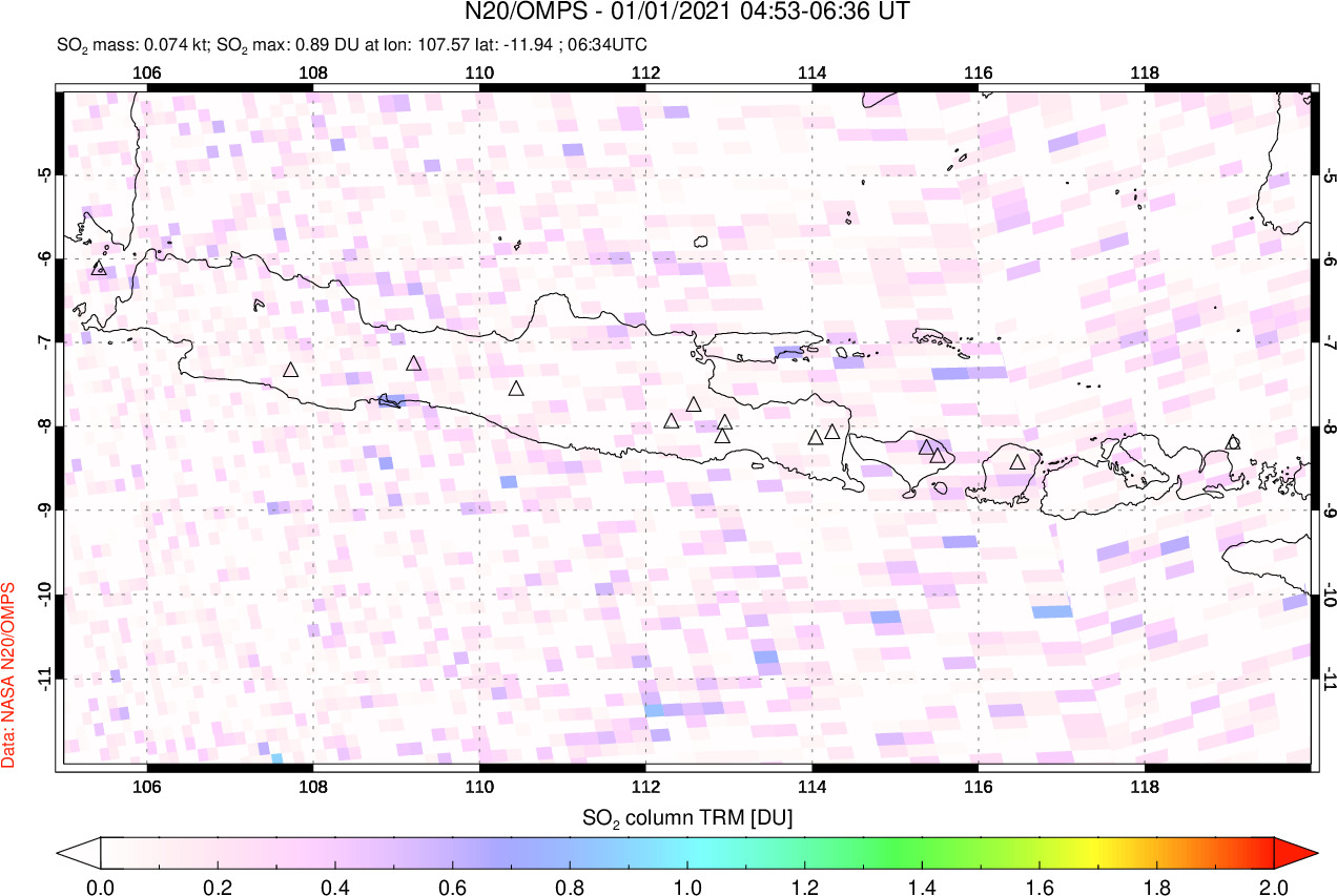 A sulfur dioxide image over Java, Indonesia on Jan 01, 2021.