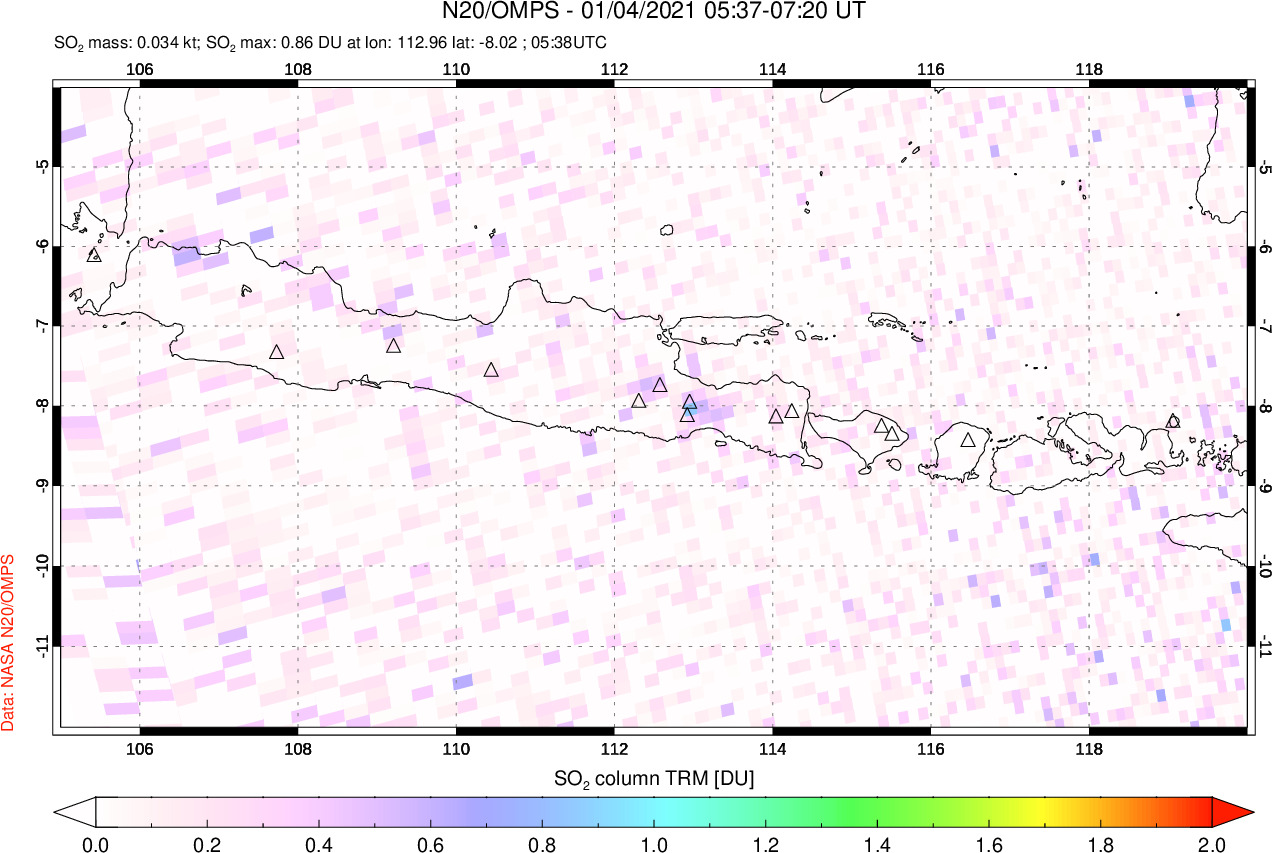 A sulfur dioxide image over Java, Indonesia on Jan 04, 2021.