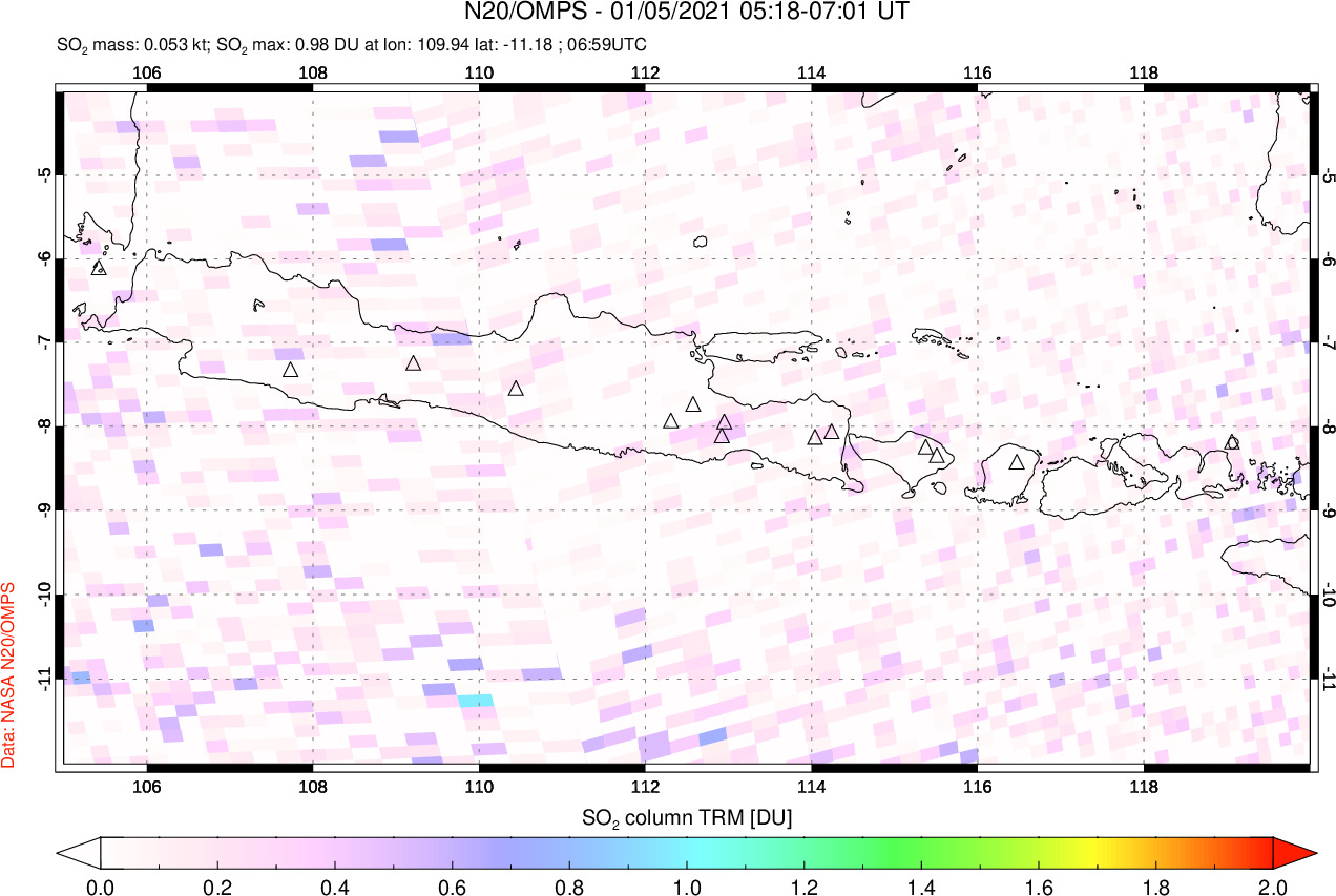 A sulfur dioxide image over Java, Indonesia on Jan 05, 2021.