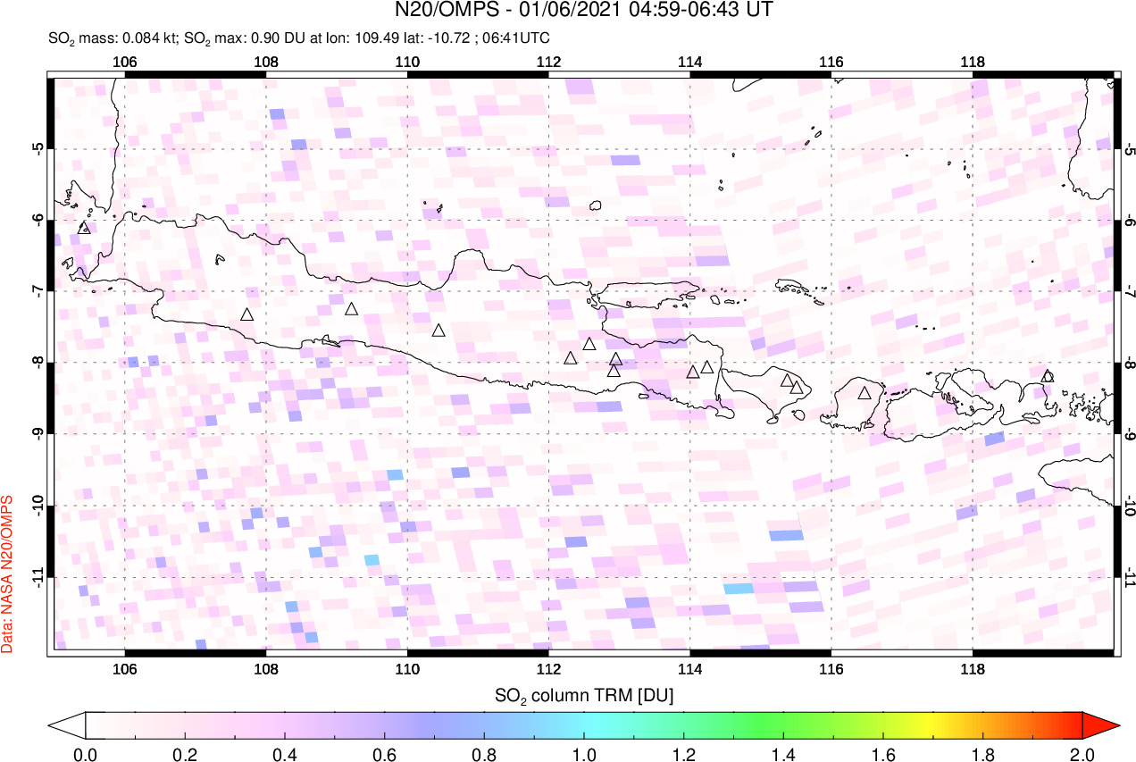 A sulfur dioxide image over Java, Indonesia on Jan 06, 2021.