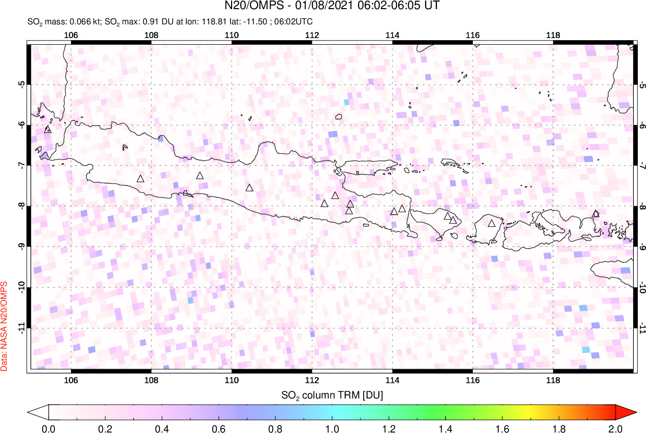 A sulfur dioxide image over Java, Indonesia on Jan 08, 2021.