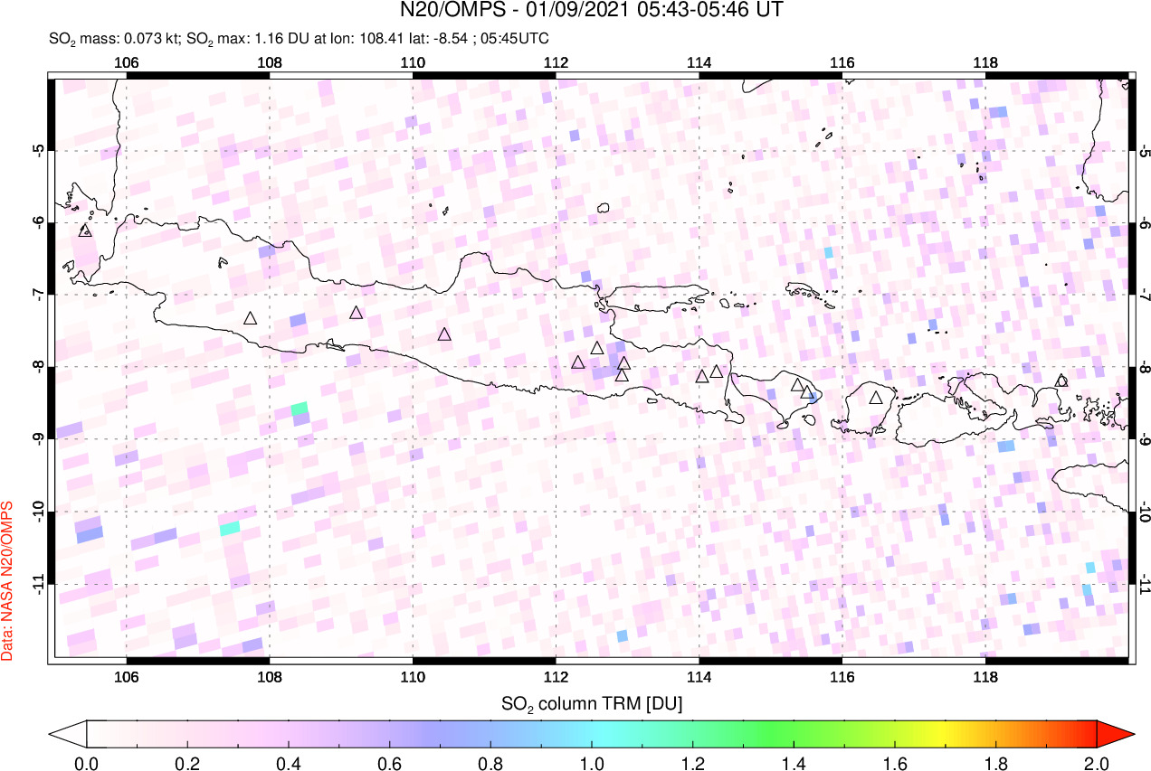 A sulfur dioxide image over Java, Indonesia on Jan 09, 2021.