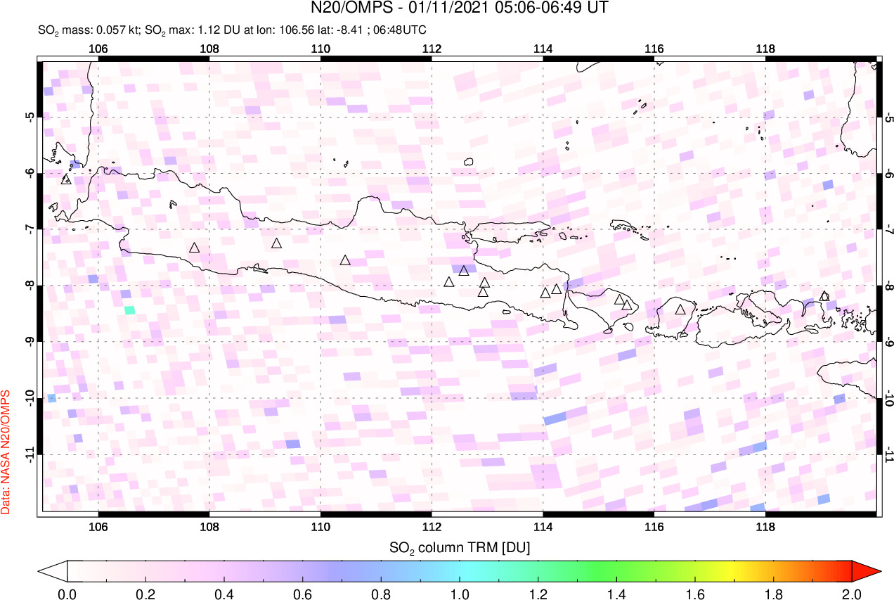 A sulfur dioxide image over Java, Indonesia on Jan 11, 2021.