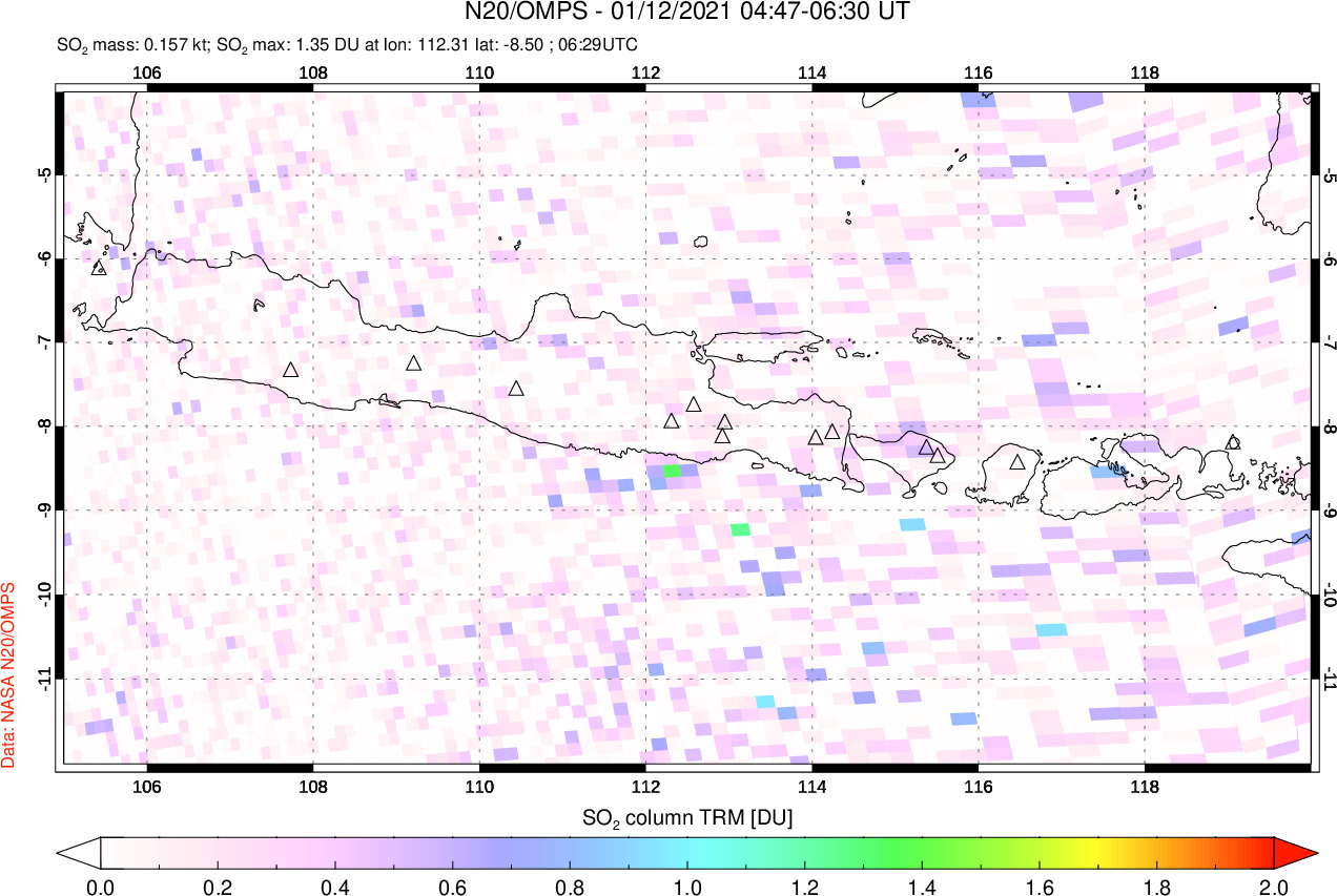 A sulfur dioxide image over Java, Indonesia on Jan 12, 2021.