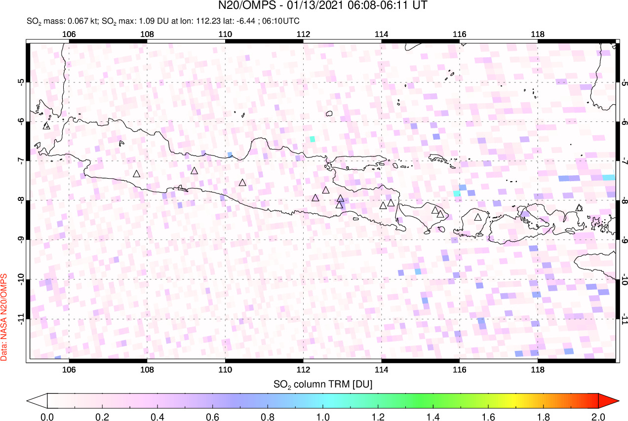 A sulfur dioxide image over Java, Indonesia on Jan 13, 2021.