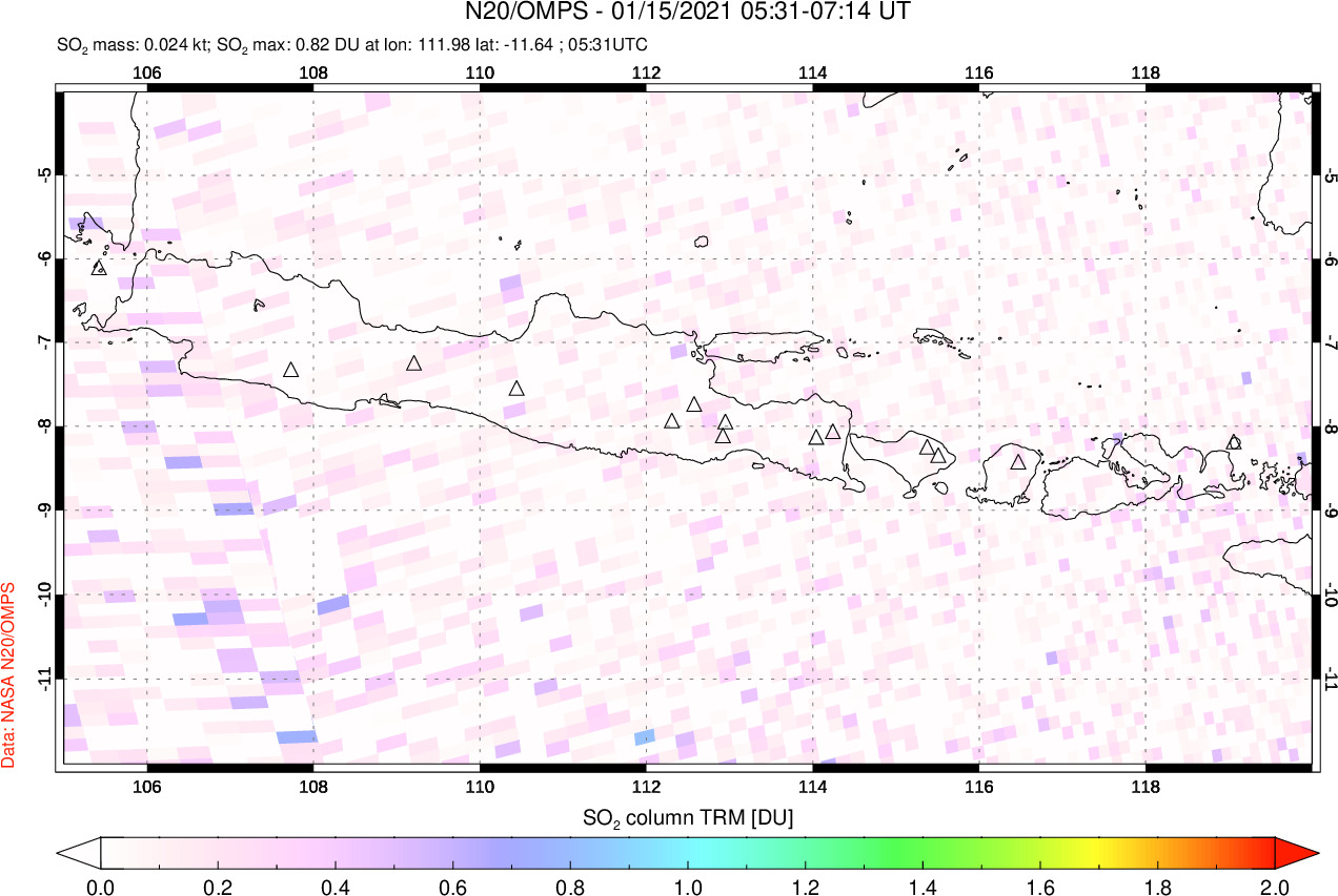 A sulfur dioxide image over Java, Indonesia on Jan 15, 2021.