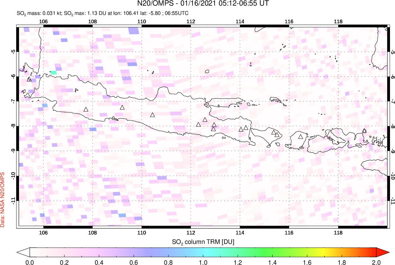 A sulfur dioxide image over Java, Indonesia on Jan 16, 2021.