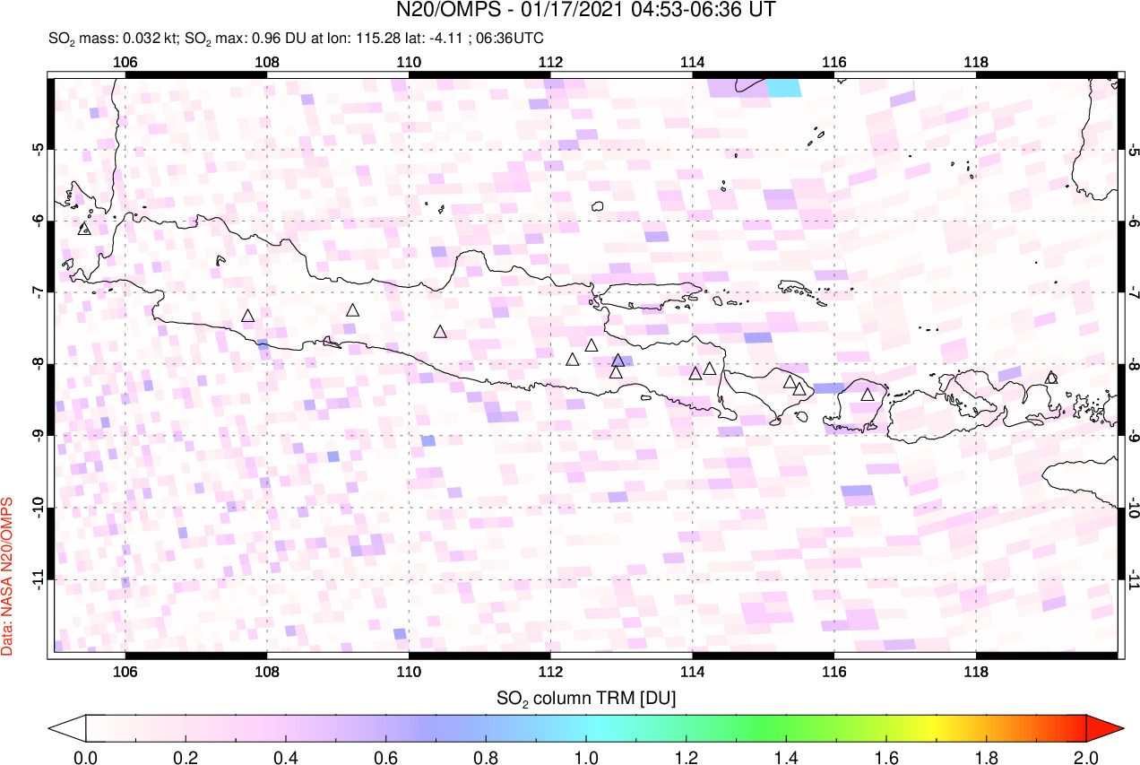 A sulfur dioxide image over Java, Indonesia on Jan 17, 2021.