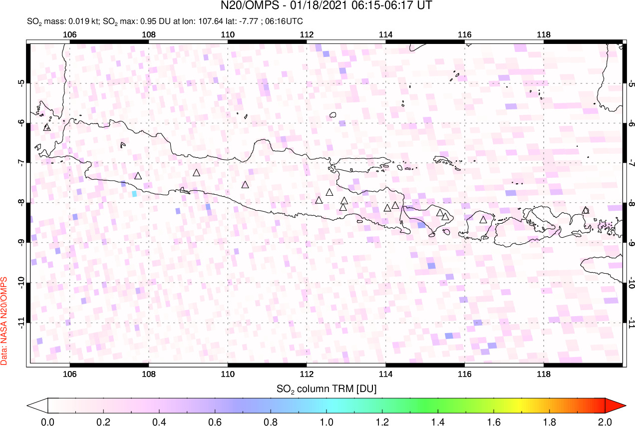 A sulfur dioxide image over Java, Indonesia on Jan 18, 2021.