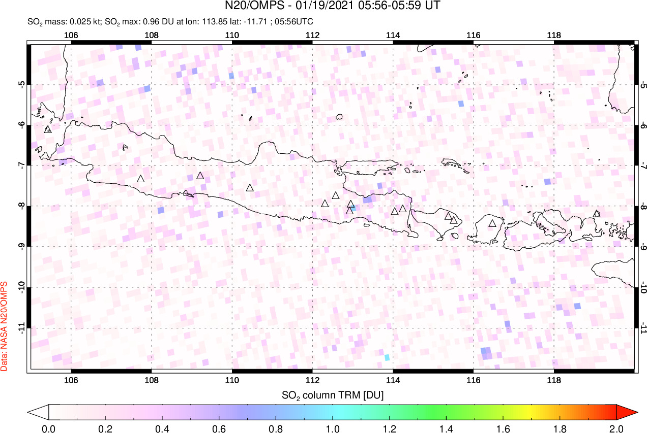 A sulfur dioxide image over Java, Indonesia on Jan 19, 2021.