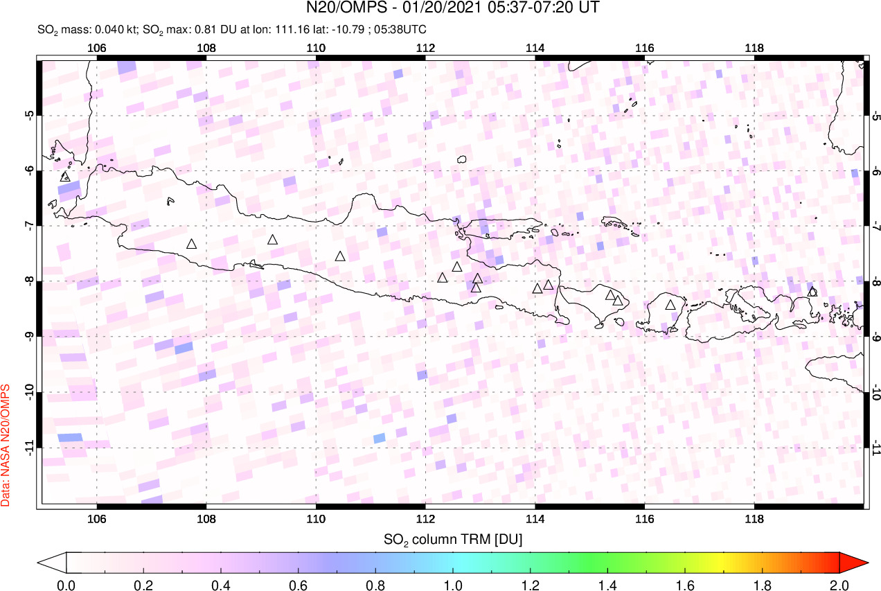 A sulfur dioxide image over Java, Indonesia on Jan 20, 2021.