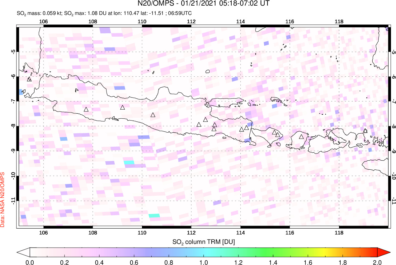 A sulfur dioxide image over Java, Indonesia on Jan 21, 2021.