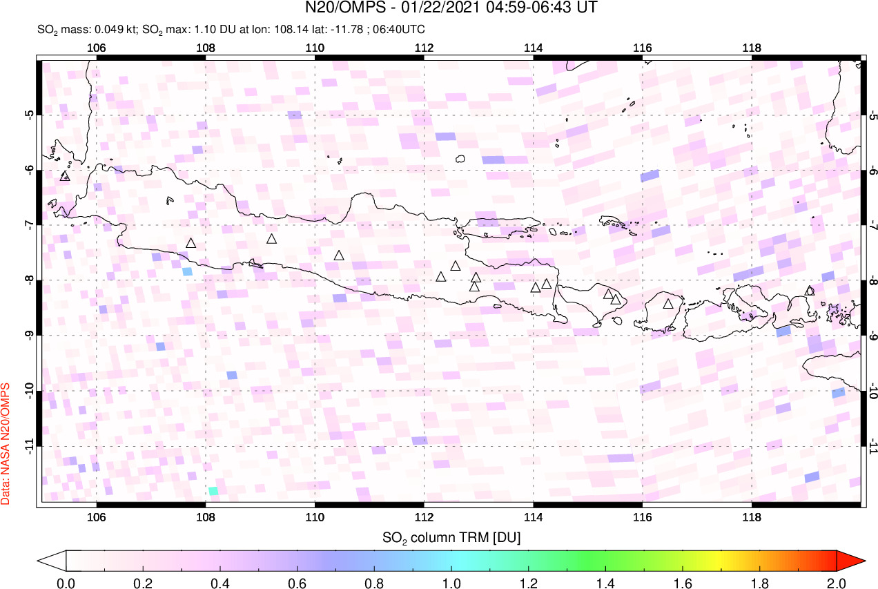 A sulfur dioxide image over Java, Indonesia on Jan 22, 2021.