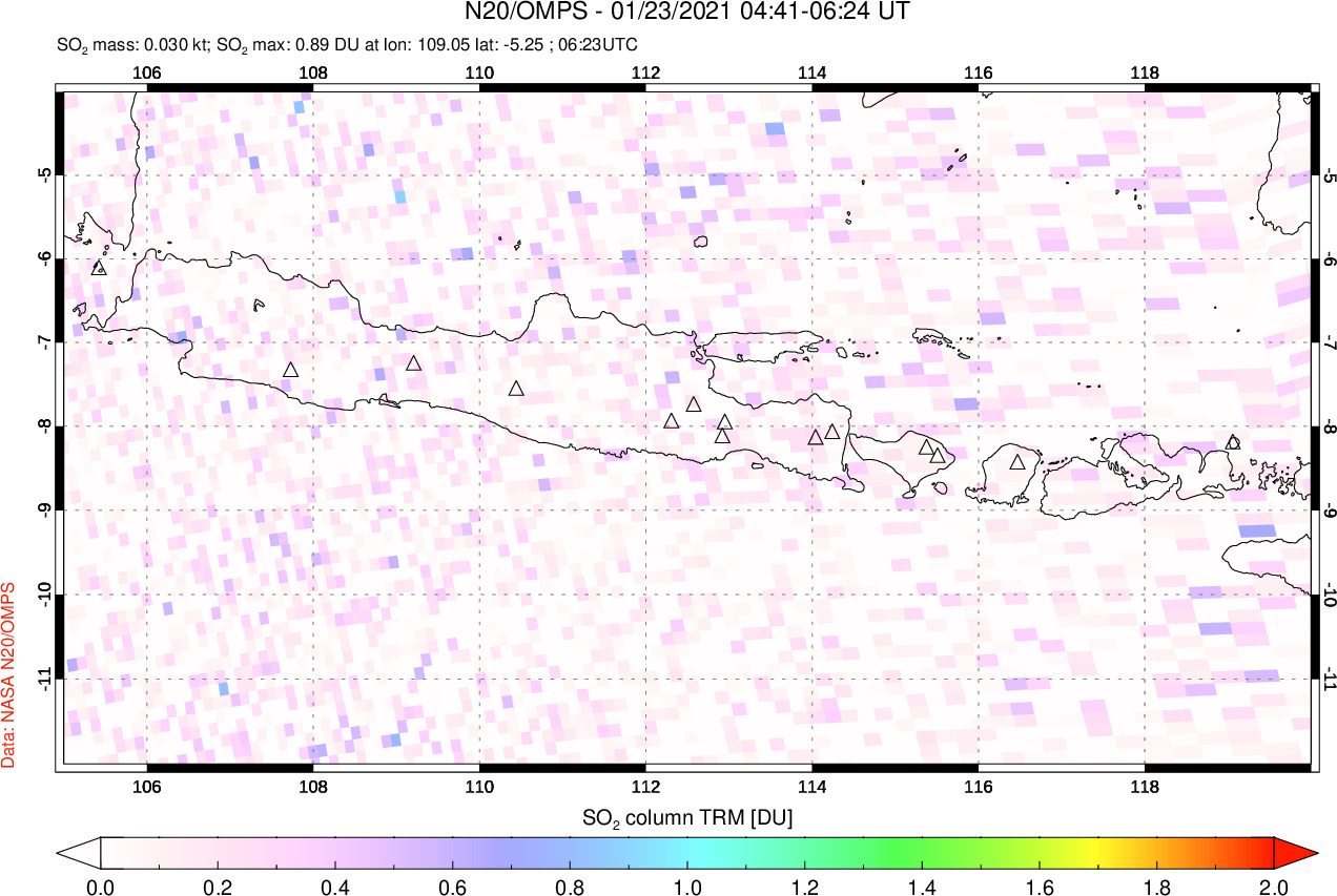 A sulfur dioxide image over Java, Indonesia on Jan 23, 2021.