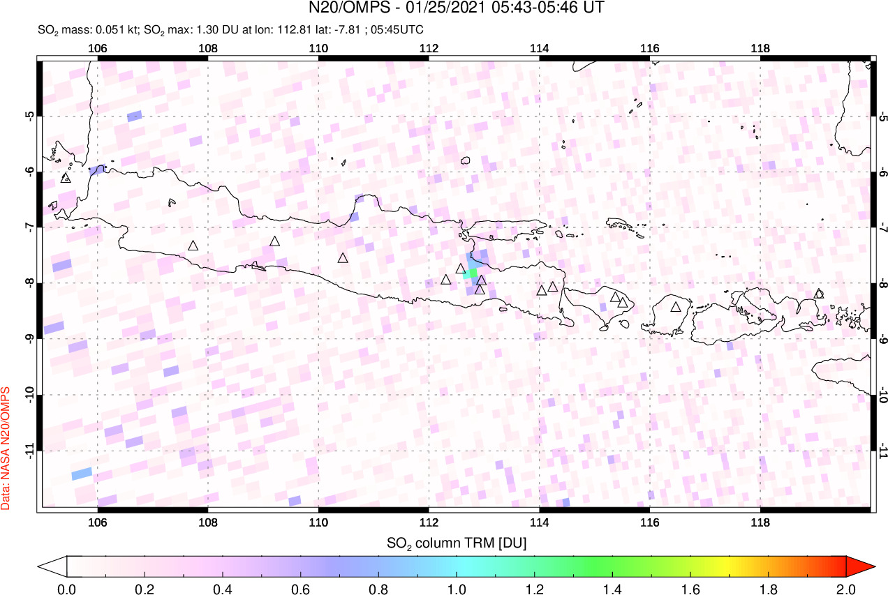 A sulfur dioxide image over Java, Indonesia on Jan 25, 2021.