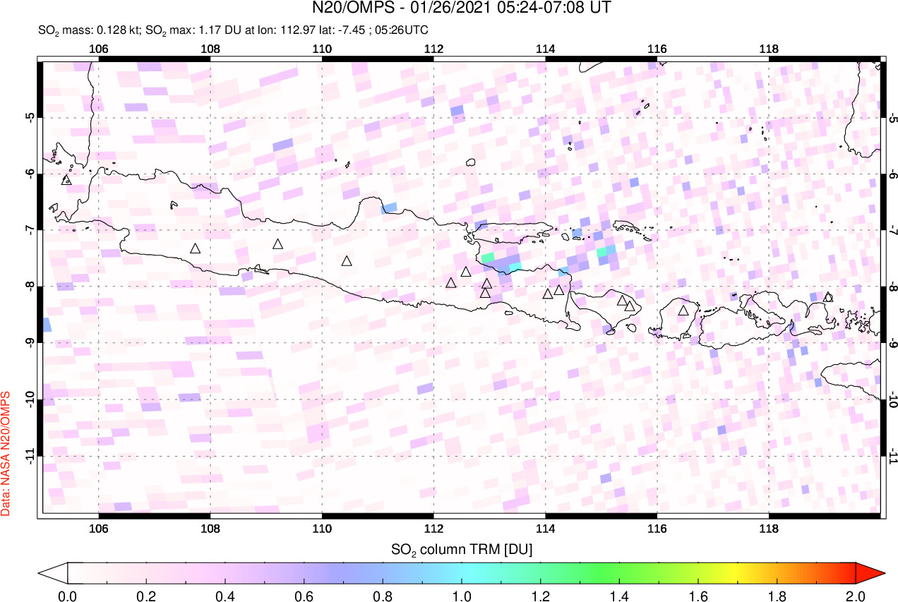 A sulfur dioxide image over Java, Indonesia on Jan 26, 2021.