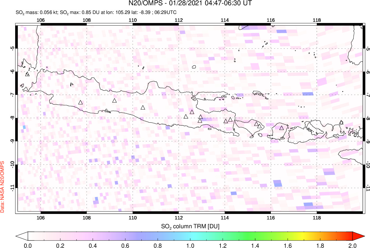 A sulfur dioxide image over Java, Indonesia on Jan 28, 2021.