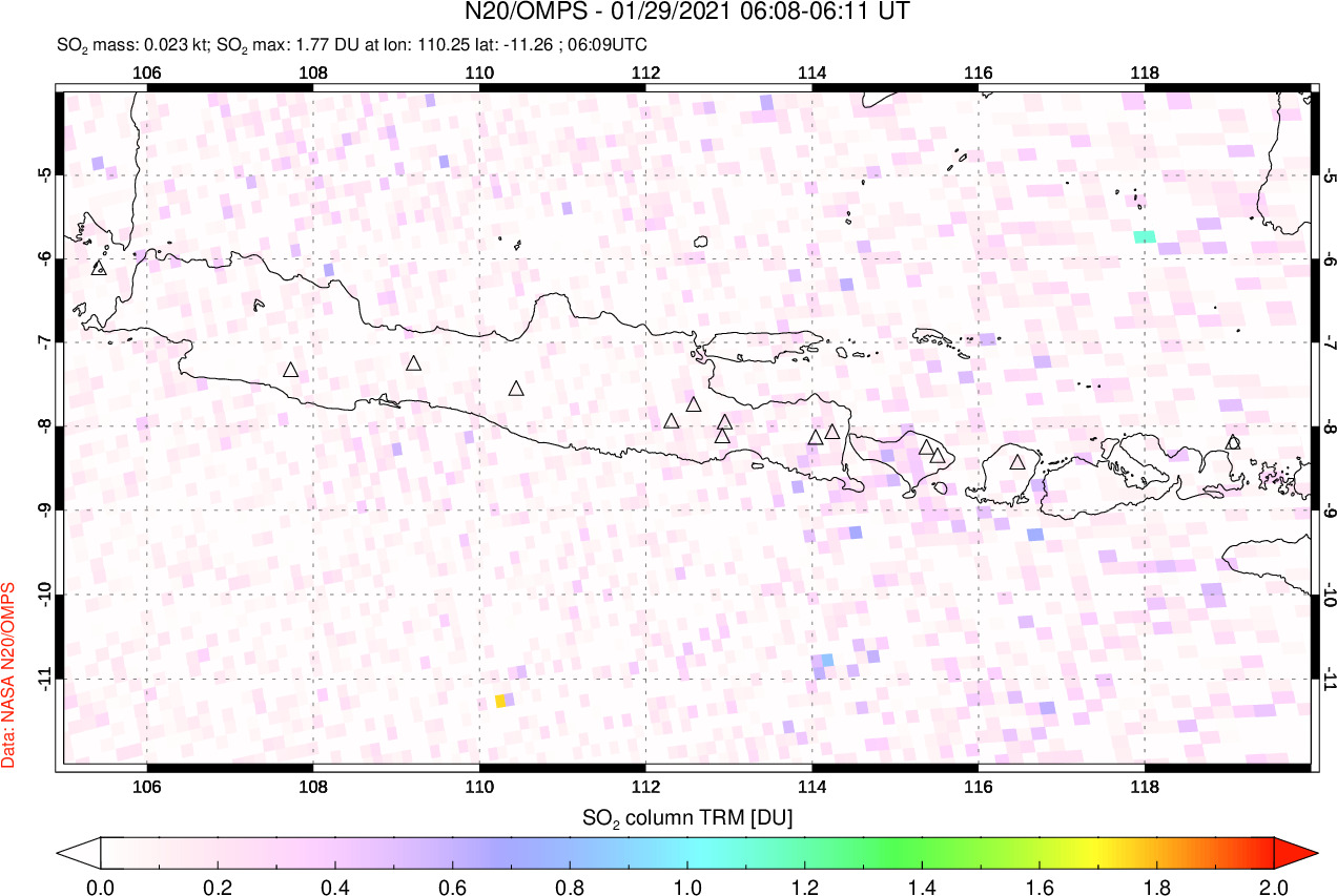 A sulfur dioxide image over Java, Indonesia on Jan 29, 2021.