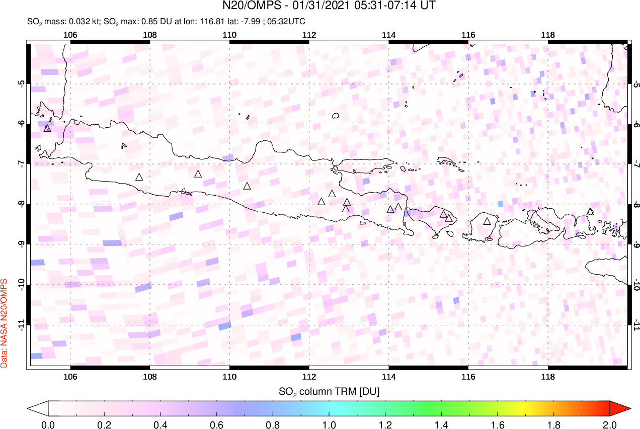 A sulfur dioxide image over Java, Indonesia on Jan 31, 2021.