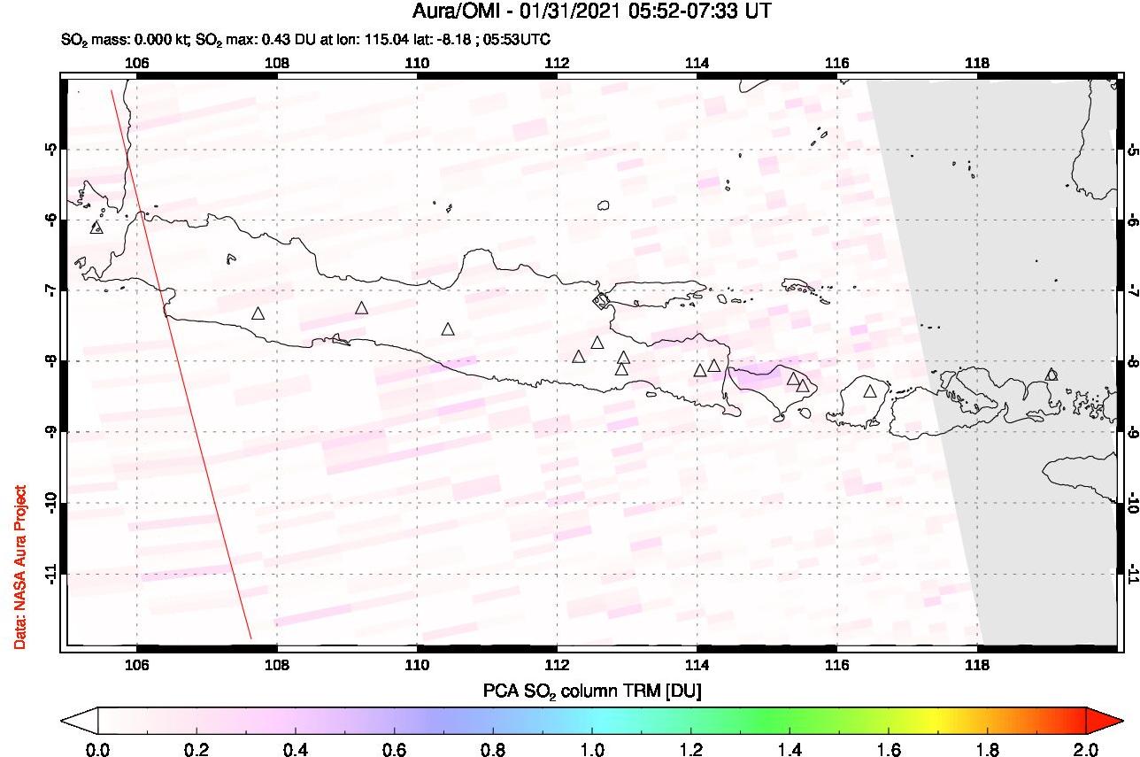 A sulfur dioxide image over Java, Indonesia on Jan 31, 2021.