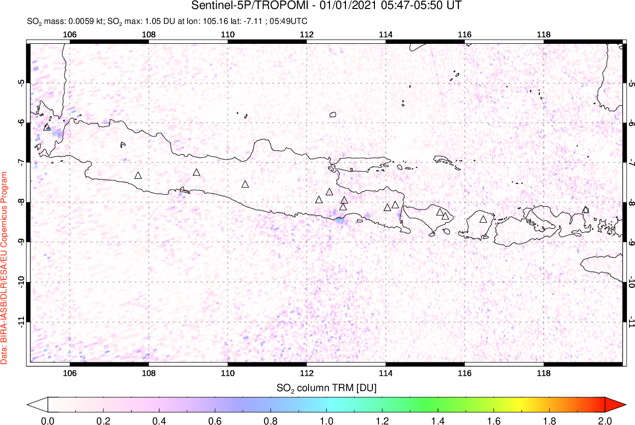 A sulfur dioxide image over Java, Indonesia on Jan 01, 2021.