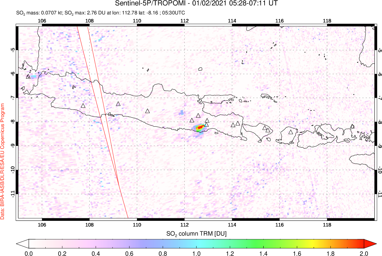 A sulfur dioxide image over Java, Indonesia on Jan 02, 2021.