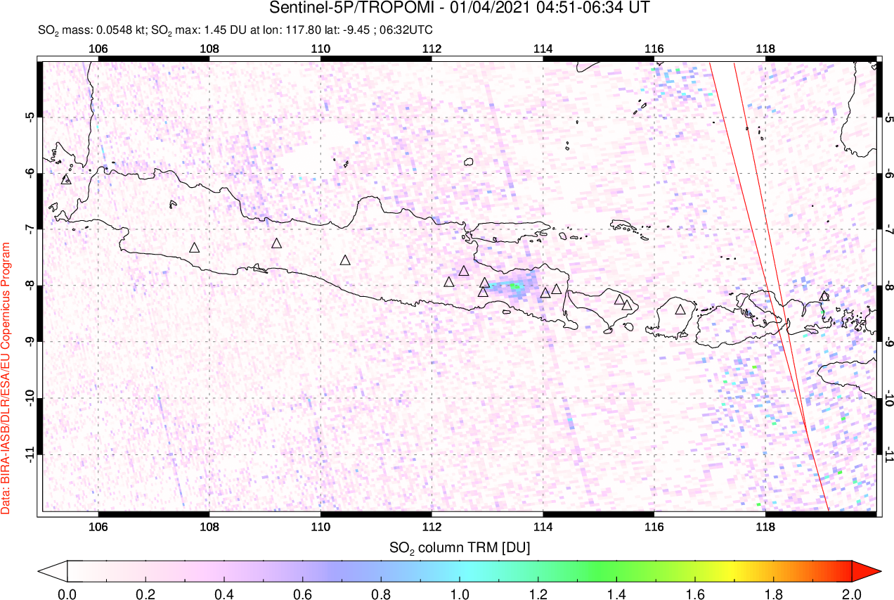 A sulfur dioxide image over Java, Indonesia on Jan 04, 2021.